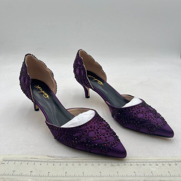 XYD Dark Purple Pointed Toe D'Orsay Kitten Heel Rhinestone Studs Slip-On Shoes - Picture 4 of 8